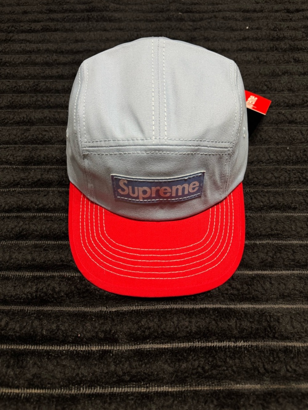 Supreme light gray and red 5-panel camp cap